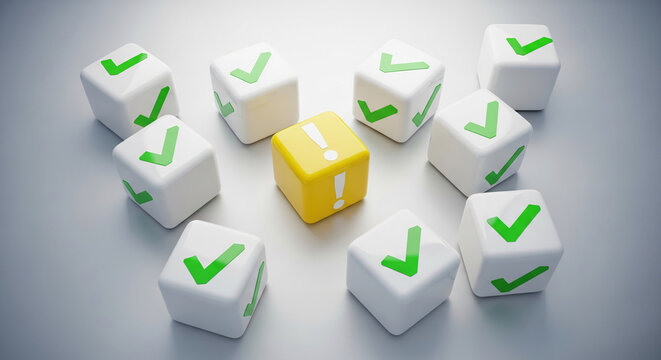 Many white cubes with green check mark, and one yellow cube with a white exclamation mark, representing differentness, choice, or attention