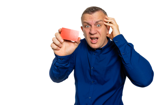 Stressed man holding credit card and touching head, on transparent background. - Powered by Adobe