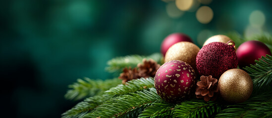 Festive 2026 new year celebration with ornaments and christmas trees heavily defocused green background holiday seasonal styling year transition decoration with copy space