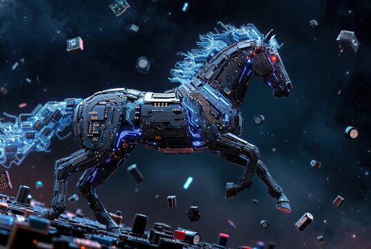 A futuristic cybernetic horse made of circuit boards with glowing blue lines galloping through a dark, starry digital space with floating electronic
