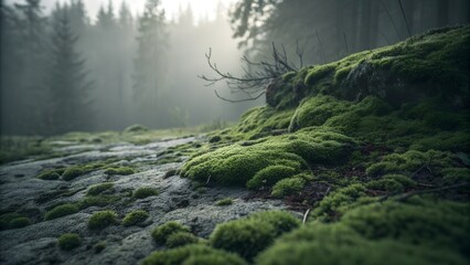 Misty Forest with Moss-Covered Rocks and Silhouetted Trees &ndash; Serene Nature Landscape
