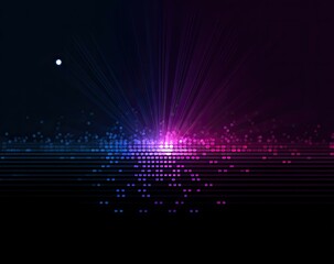 Abstract, vibrant burst of light emanating from a grid, with horizontal lines below