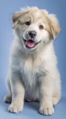 cute puppy portrait, fluffy fur, joyful expression, soft smile, studio soft lighting, pastel blue background, ultra detailed fur, clean commercial stock style