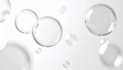 透明な泡と水滴のミニマル背景｜スキンケア・清潔感・保湿イメージ / Transparent bubbles and droplets minimal background | skincare, clean, hydration concept