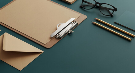 Overhead view of clipboard, paper, envelope, glasses, pencils, notepad on dark green surface; representing office supplies, organization, workspace