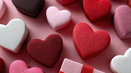 Obraz premium colorful heart shaped confections in pastel pinks reds and whites artfully scattered on soft rosy backdrop evoking romantic valentines vibe perfect for festive wallpaper sweet themed banner copy space