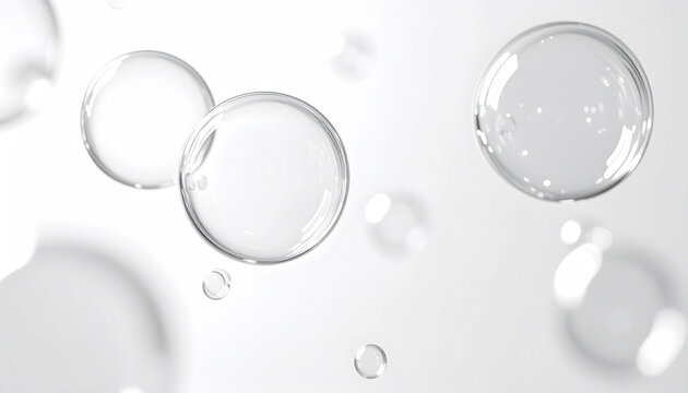 透明な泡と水滴のミニマル背景｜スキンケア・清潔感・保湿イメージ / Transparent bubbles and droplets minimal background | skincare, clean, hydration concept
