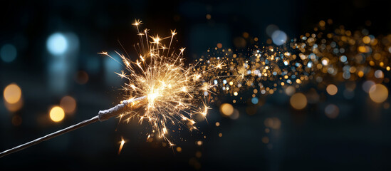Sparkler ignites golden glitter 2026 new year celebration heavily defocused festive background pyrotechnic display sparkling milestone visualization with copy space