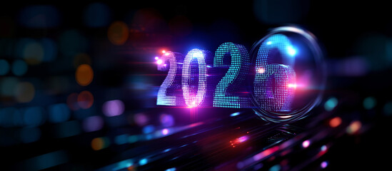 2026 glowing digital numerals display heavily defocused technological background futuristic celebration display digital milestone visualization with copy space