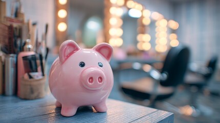 A pink ceramic piggy bank sits on a table inside a salon, reflecting savings and beauty concepts