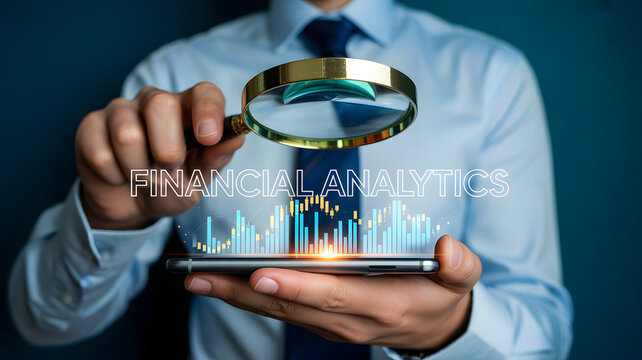 Businessman analyzing financial data on smartphone with magnifying glass - Powered by Adobe