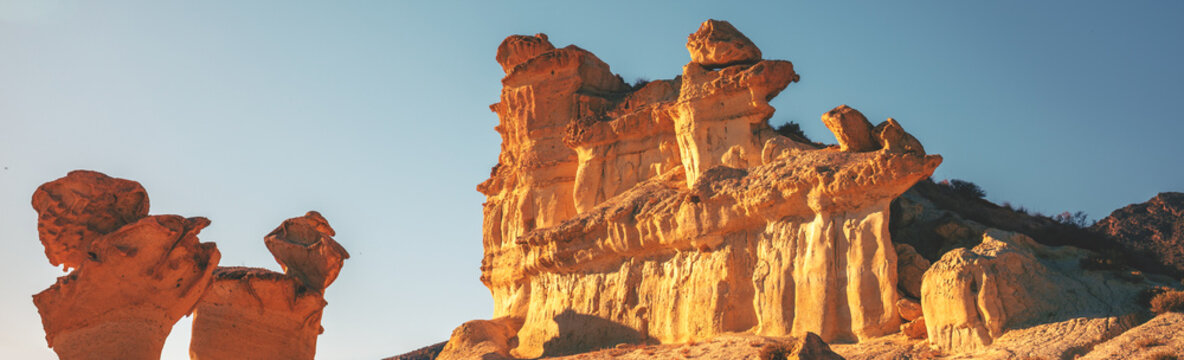 Mushroom rocks in the city of Bolnuevo in Mazarron. Costa Calida, Murcia, Spain. Las Gredas de Bolnuevo. Horizontal banner