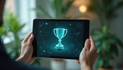Person holds tablet showing digital award trophy icon. Virtual achievement interface displays stars and geometric shapes, symbolizing success and recognition in a tech setting. Online victory.