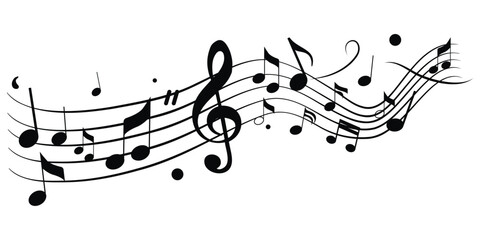 Music notes with curves, swirls vector illustration. Melody element. Musical note. Staff treble clef notes musician concept vector isolated on transparent background. 