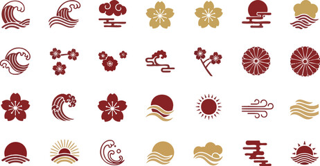 Traditional Japanese Motifs Set with Seigaiha Waves, Sakura Flowers, and Rising Sun. © rofikgraph24
