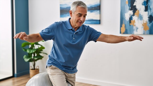 An active, mature man trains his balance with a Swiss ball, a concept of healthy longevity and rehabilitation, exercises for strengthening core muscles and coordination.