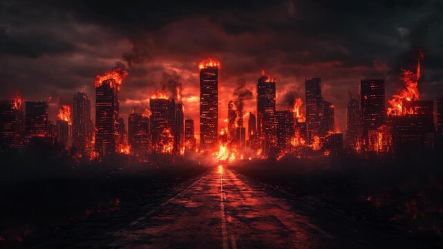 Burning futuristic city skyline reflecting in fiery water, illustrating apocalyptic destruction and human downfall a dramatic vision of chaos, heat, and the collapse of civilization in glowing inferno
