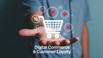 Hand holding digital shopping cart with heart and percentage icons