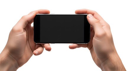 Hand holding smartphone horizontally with blank black screen on transparent background.