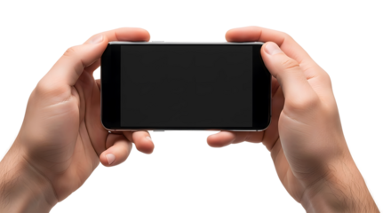 Hand holding smartphone horizontally with blank black screen on transparent background.