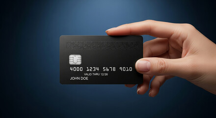 Close-up of a hand holding a black credit card against a dark blue background, representing finance, cashless payment, banking, and digital transaction