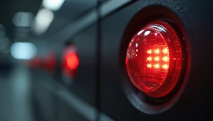Red alert indicator light glows on a dark panel. This warning lamp signals danger or emergency status. It is part of a control system or machinery interface.