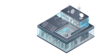 Obraz premium Isometric illustration of a modern building with rooftop solar panels and sleek architecture