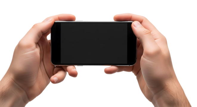 Hand holding smartphone horizontally with blank black screen on transparent background. - Powered by Adobe