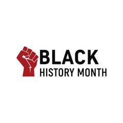 Red fist symbol with black text celebrating Black History Month