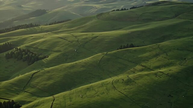 Expansive Emerald Rolling Hillscape Under Soft Daylight Across Verdant Countryside