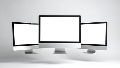 Three modern silver computers with blank white screens float against a light gray backdrop
