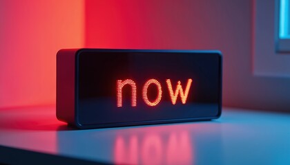 Digital clock with illuminated red text NOW sits on a desk. Modern electronic device displays urgent message against gradient background. Focus on present moment.