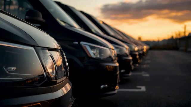 Row Black Vans Parked Sunset Fleet Commercial Vehicles Delivery Service Parking Lot Evening Light