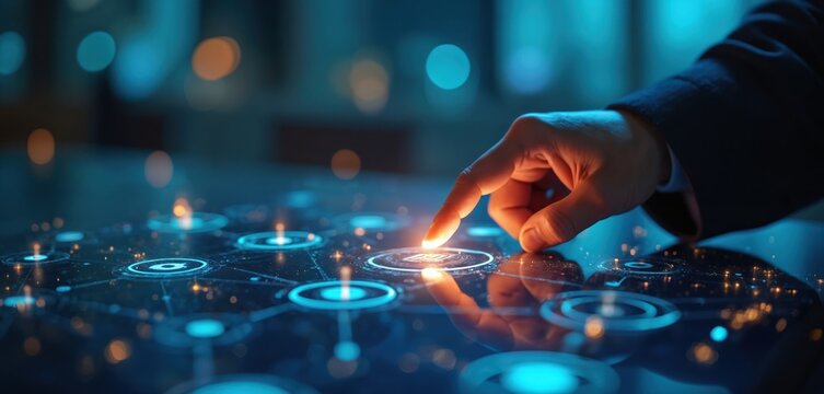 Man in suit hand touches glowing digital interface network. Person interacts with abstract futuristic data system. Cybernetic connection, information flow. - Powered by Adobe