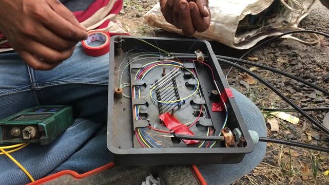 Telecom worker performing precise fiber optic fusion splicing outdoors, symbolizing high-speed internet installation, broadband connectivity, and modern network technology.
