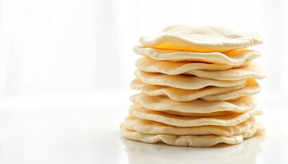 Stack of uncooked flatbread dough rounds ready for baking. Layers of raw pastry sit on a clean white surface for a recipe preparation. Closeup on uncooked pastry sheets.