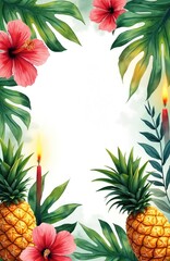 Obraz premium Watercolor tropical theme features pineapples, hibiscus flowers, and lit candles in lush green leaves and foliage. This vibrant, exotic composition evokes a luau or summer celebration atmosphere.