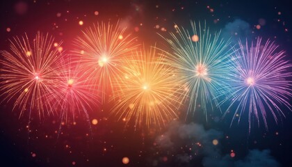 Fototapeta premium Colorful fireworks explode in night sky. Bright bursts of red, orange, yellow, blue, and purple light up the dark expanse. Gentle smoke drifts below as small sparks scatter in the air.