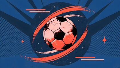 Stylized Soccer Ball with Swirling Red-Orange Energy on Blue Cosmic Background