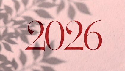 Elegant Red 2026 Typography on Light Pink Background with Leaf Shadows &ndash; Minimalist Future Design