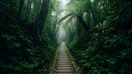 Serene Forest Path with Lush Greenery and Misty Atmosphere