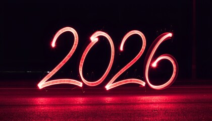 2026 Written in Red Light Against Dark Background &ndash; Long Exposure Celebration Concept