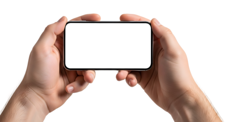Hand holding a smartphone horizontally with blank white screen on a transparent background