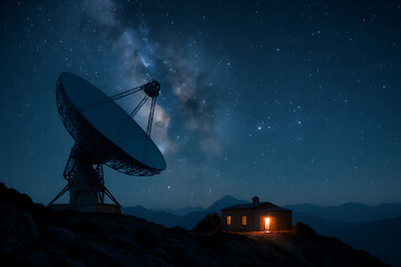 Satellite dish on hill at night under starry sky with small house