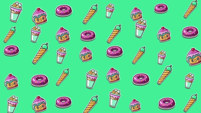 Repeating pattern of donuts, ice cream cones, and cupcakes suitable for food packaging, stationary, or childrens products with a sweet theme.