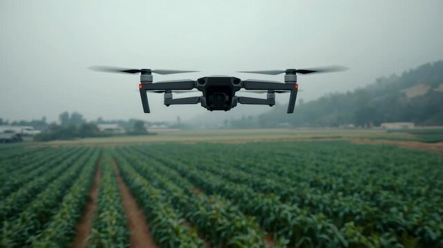 Drone Flying Over Green Crop Fields Foggy Morning Agricultural Farmland Rural Landscape Aerial View