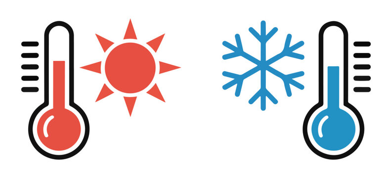 Hot and cold temperature concept with red thermometer sun and blue thermometer snowflake vector illustration