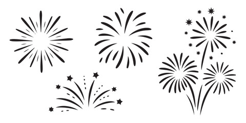 Set of firework isolated on white background. Collection of fireworks or pyrotechnic explosions for new year