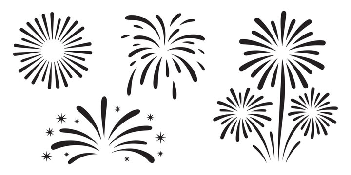 Collection of black firework icons, vector festive explosion design elements, celebration graphics