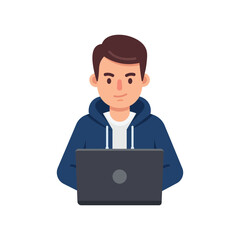 Young man working on laptop vector illustration isolated on white background